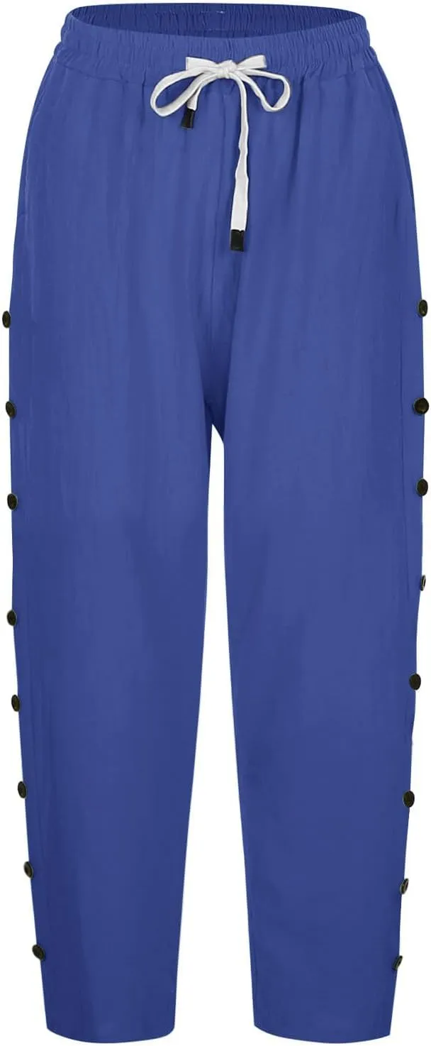 YRAETENM Linen Capris for Women Sumemr Drawstring High Waist Straight Leg Trousers Comfy Side Button Capri Pants with Pockets