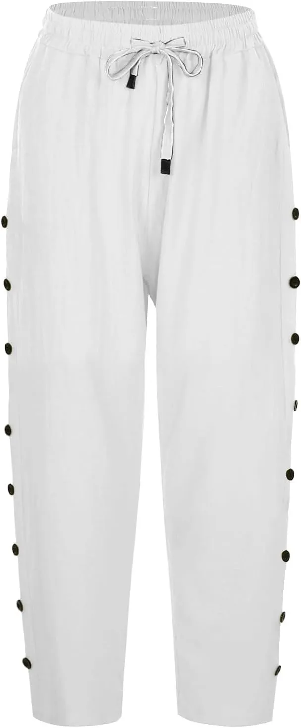 YRAETENM Linen Capris for Women Sumemr Drawstring High Waist Straight Leg Trousers Comfy Side Button Capri Pants with Pockets