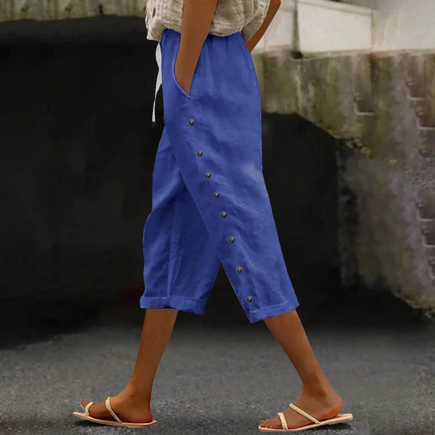 YRAETENM Linen Capris for Women Sumemr Drawstring High Waist Straight Leg Trousers Comfy Side Button Capri Pants with Pockets