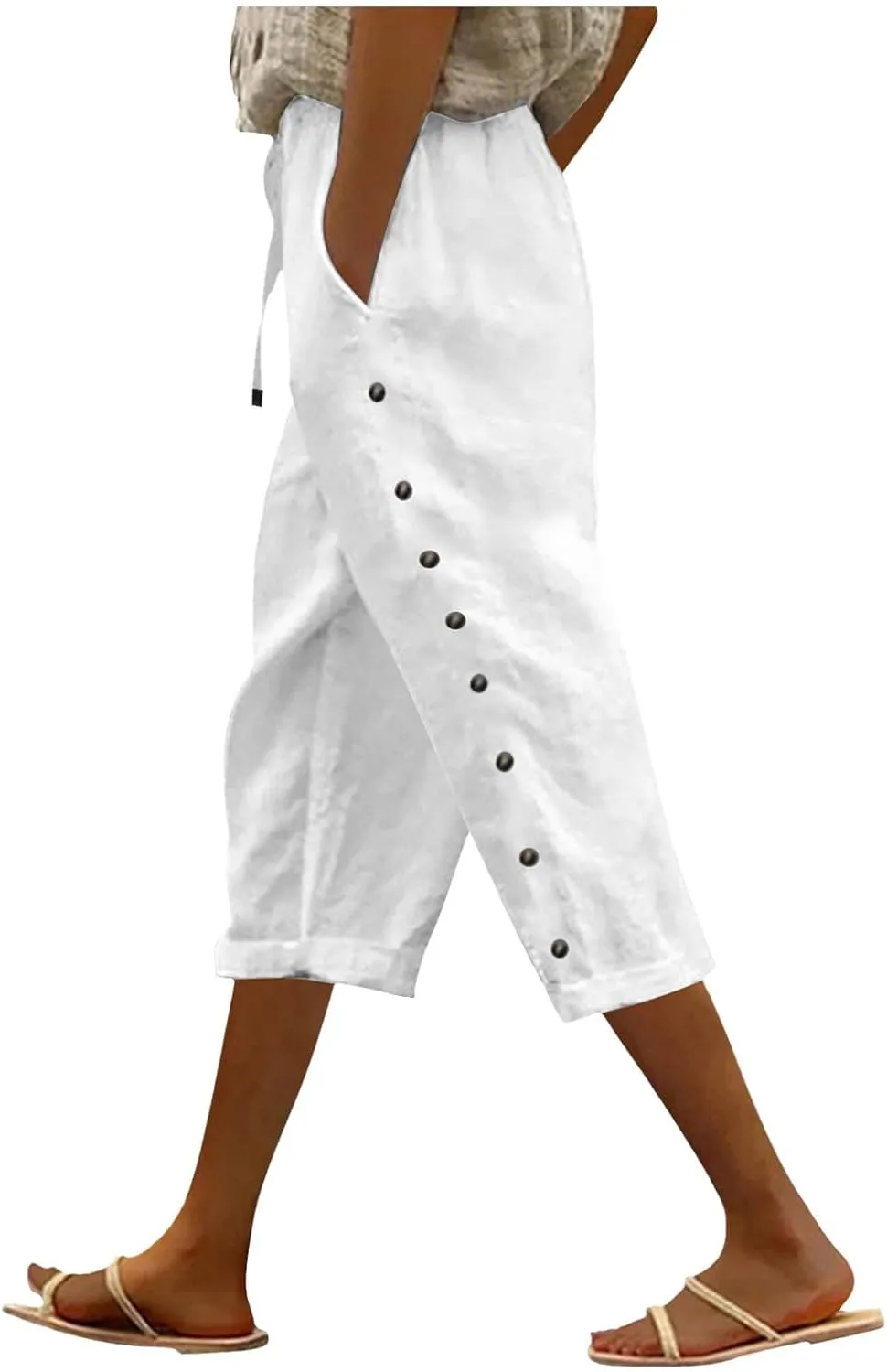 YRAETENM Linen Capris for Women Sumemr Drawstring High Waist Straight Leg Trousers Comfy Side Button Capri Pants with Pockets