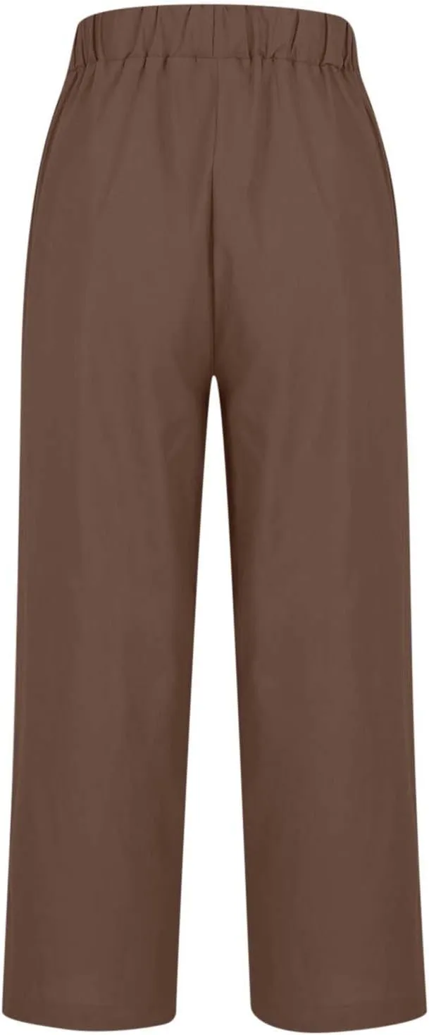 YRAETENM Linen Pants for Women Summer High Waist Elastic Straight Leg Lounge Pants Casual Loose Lightweight Beach Trousers