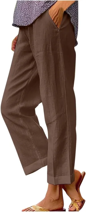 YRAETENM Linen Pants for Women Summer High Waist Elastic Straight Leg Lounge Pants Casual Loose Lightweight Beach Trousers