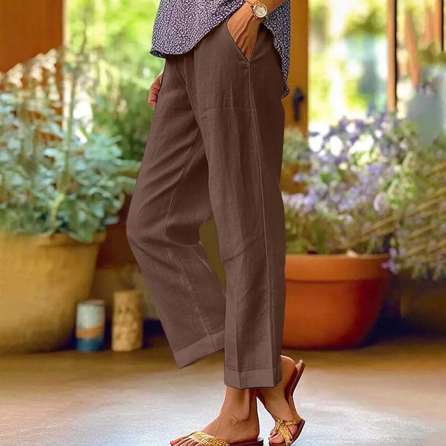 YRAETENM Linen Pants for Women Summer High Waist Elastic Straight Leg Lounge Pants Casual Loose Lightweight Beach Trousers