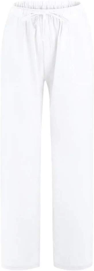 YRAETENM Womens Cotton Linen Palazzo Pants Summer Drawstring Elastic Waist Lounge Pants Casual Wide Leg Trousers with Pockets