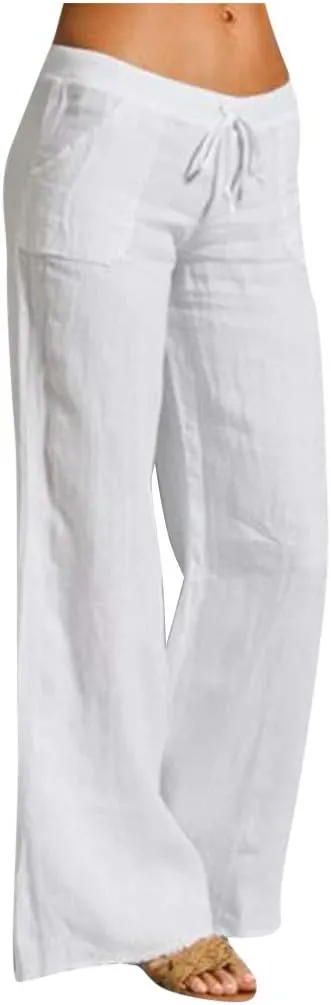 YRAETENM Womens Cotton Linen Palazzo Pants Summer Drawstring Elastic Waist Lounge Pants Casual Wide Leg Trousers with Pockets