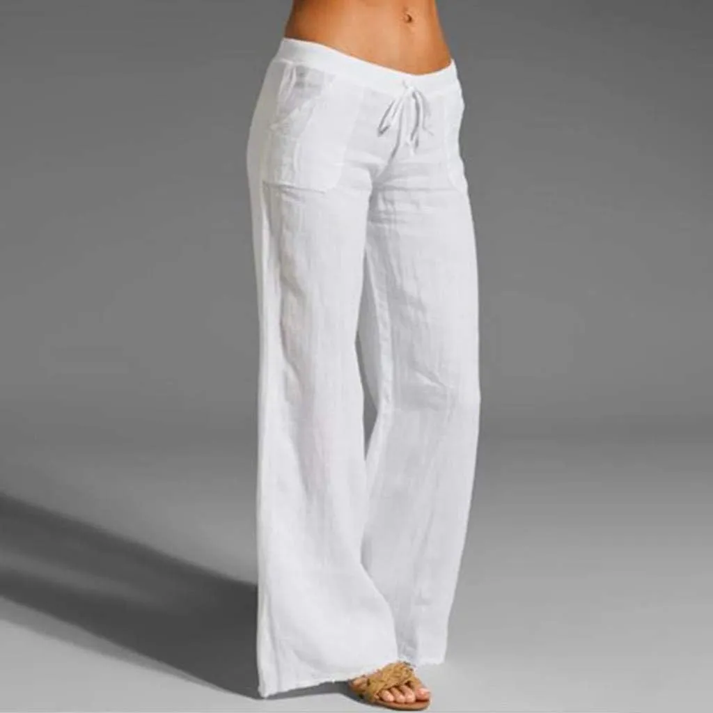 YRAETENM Womens Cotton Linen Palazzo Pants Summer Drawstring Elastic Waist Lounge Pants Casual Wide Leg Trousers with Pockets
