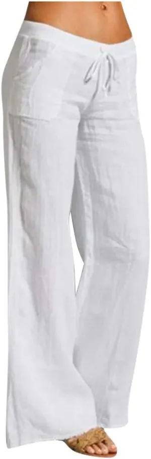 YRAETENM Womens Cotton Linen Palazzo Pants Summer Drawstring Elastic Waist Lounge Pants Casual Wide Leg Trousers with Pockets
