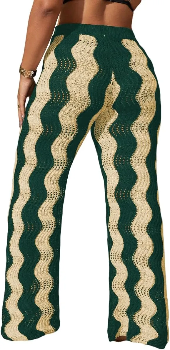 ZAFUL Women's Beach Cover Up Pants Hollow Out Plus Size Drawstring Elastic High Waist Swimsuit Cover Up Beach Long Pants