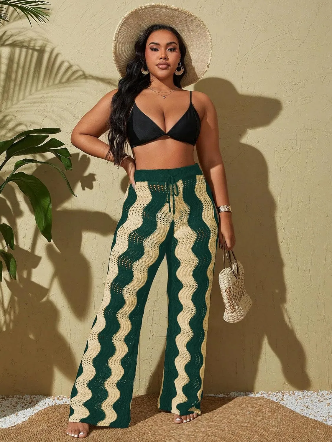 ZAFUL Women's Beach Cover Up Pants Hollow Out Plus Size Drawstring Elastic High Waist Swimsuit Cover Up Beach Long Pants