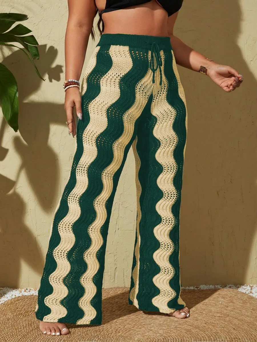 ZAFUL Women's Beach Cover Up Pants Hollow Out Plus Size Drawstring Elastic High Waist Swimsuit Cover Up Beach Long Pants
