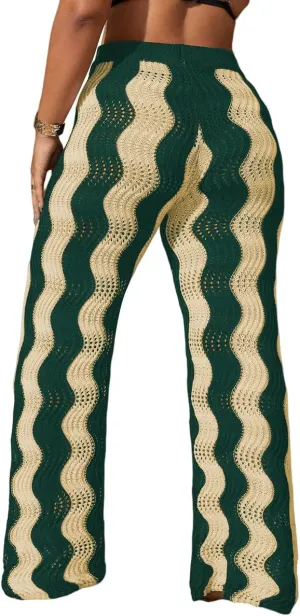ZAFUL Women's Beach Cover Up Pants Hollow Out Plus Size Drawstring Elastic High Waist Swimsuit Cover Up Beach Long Pants