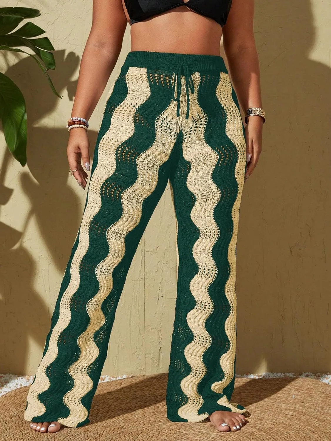 ZAFUL Women's Beach Cover Up Pants Hollow Out Plus Size Drawstring Elastic High Waist Swimsuit Cover Up Beach Long Pants