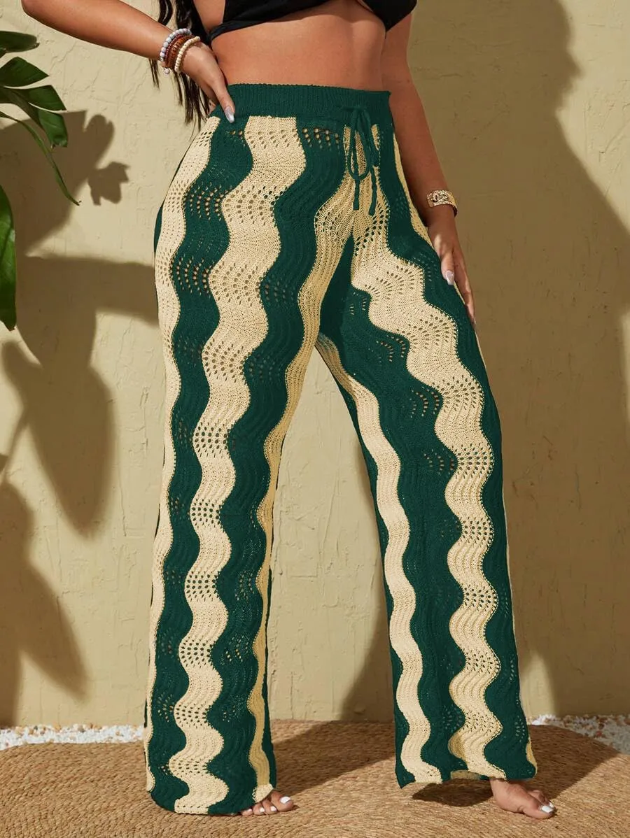 ZAFUL Women's Beach Cover Up Pants Hollow Out Plus Size Drawstring Elastic High Waist Swimsuit Cover Up Beach Long Pants