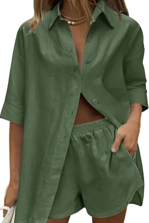 Zeagoo Women Linen Sets 2 Piece Tracksuit Summer Outfits Beach Linen Shirt Elastic Waist Casual Shorts Set