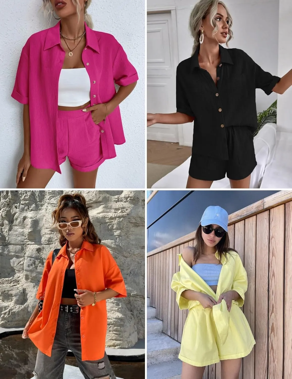 Zeagoo Women Linen Sets 2 Piece Tracksuit Summer Outfits Beach Linen Shirt Elastic Waist Casual Shorts Set