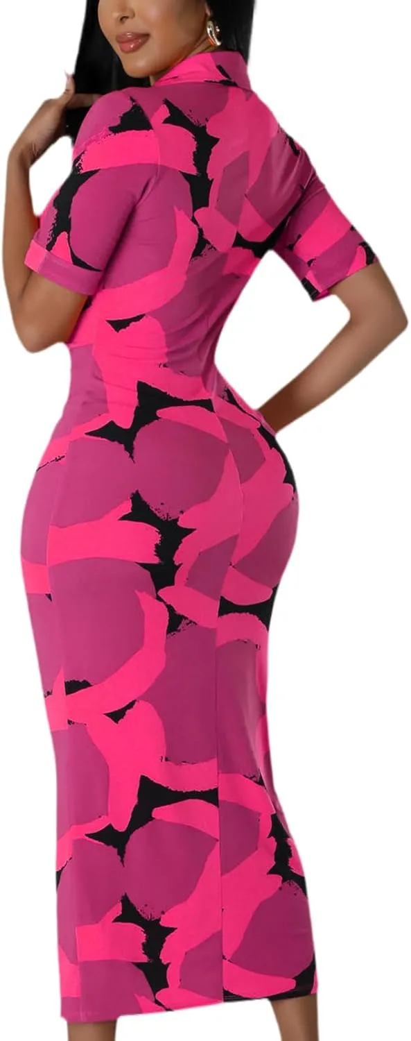 ZERMOM Women's Button Down Shirt Dress Short Sleeve Print Collar V Neck Summer Bodycon Midi Dresses