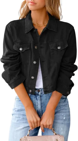ZOCAVIA Womens Denim Jacket Casual Stretch Long Sleeve Button down Jean Jacket Lapel Cropped Denim Coat with Pockets
