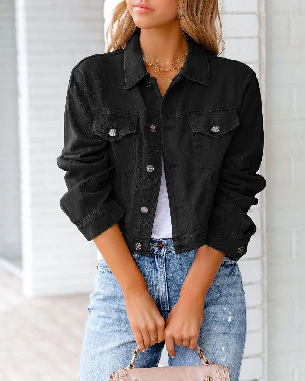 ZOCAVIA Womens Denim Jacket Casual Stretch Long Sleeve Button down Jean Jacket Lapel Cropped Denim Coat with Pockets